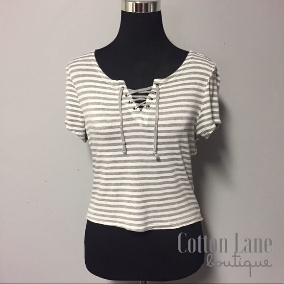 Lace-Up Striped Crop Top  - Picture 1 of 5